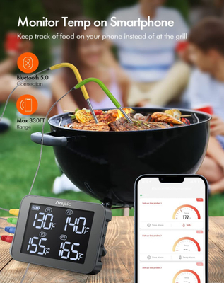 Drahtloser Grill-Thermometer Digital mit Monitor 4 Sonden-Timer-Warnung 150 Ft Bluetooth